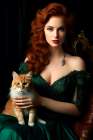 19th century French queen holding Maine coon cat. AI Generated. Art Print